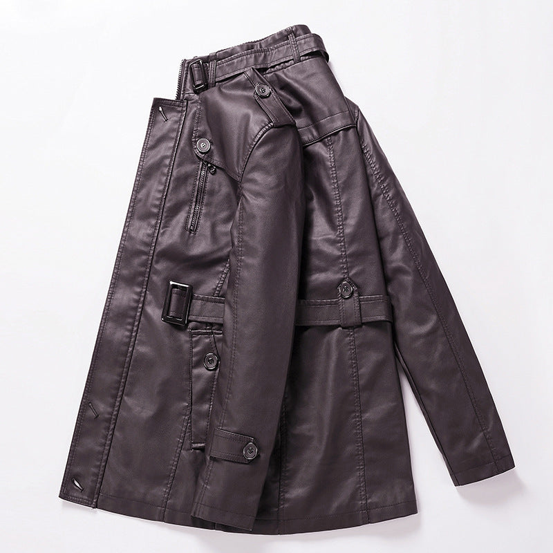 Herren Taillierter Leder-Trench mit Gürtel und Ziernähten Shop Nory