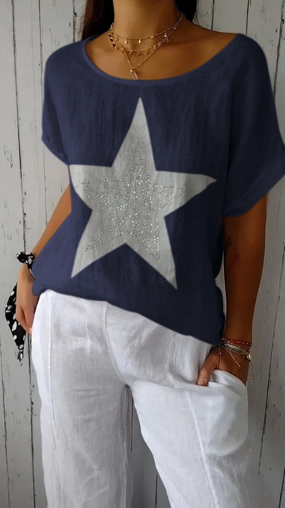 Damen lässiges Leinenoberteil mit glitzerndem Sternmotiv Shopnory