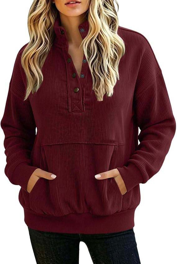 Damen gerippter Henley-Pullover mit Stehkragen und Kängurutasche Shop Nory