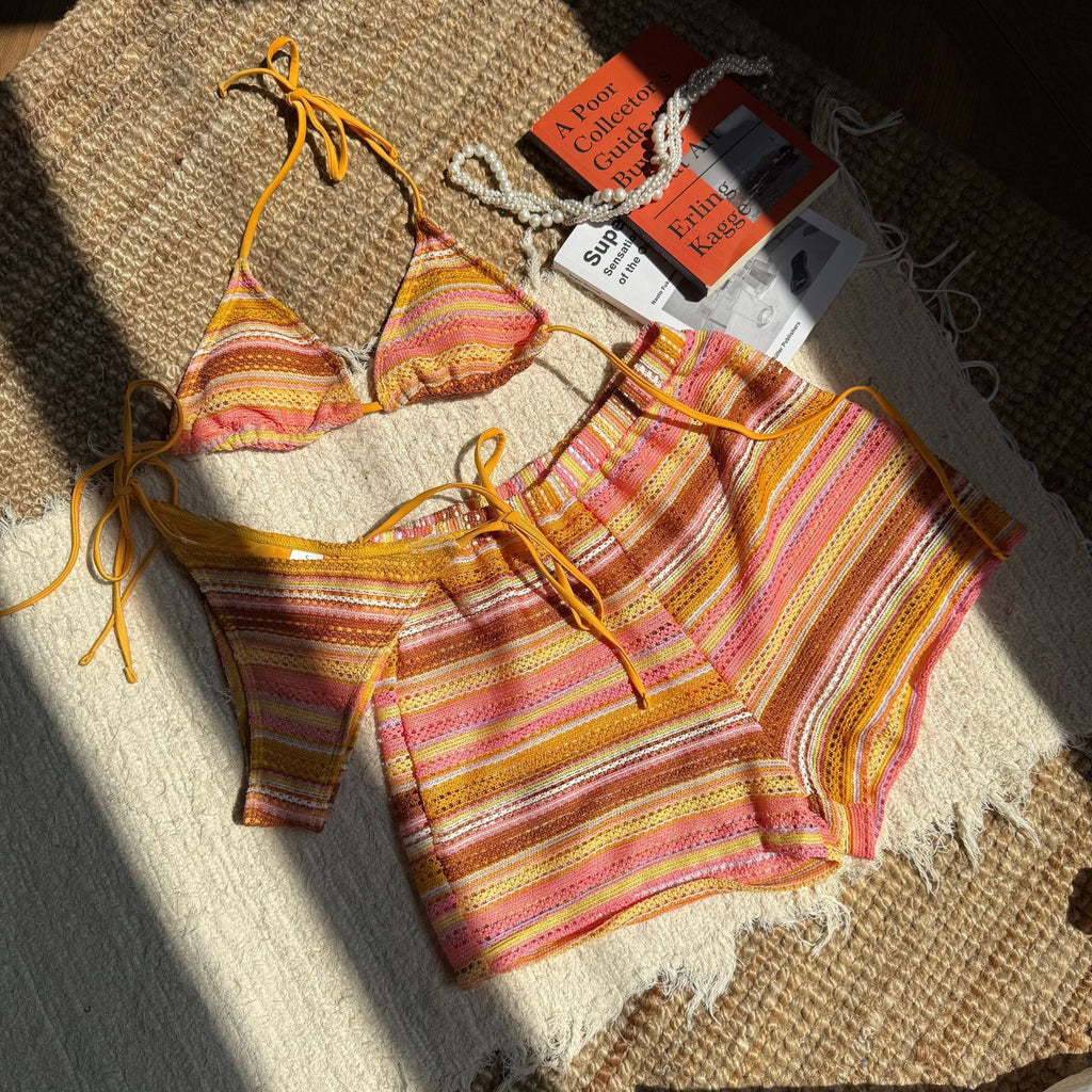Damen Zweiteiliges Strand-Bikini-Set mit verspielt gestreiftem Oberteil und Shorts