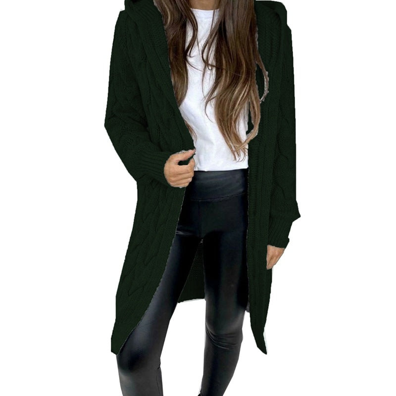 Damen lange Strickjacke mit Kapuze und Zopfdesign