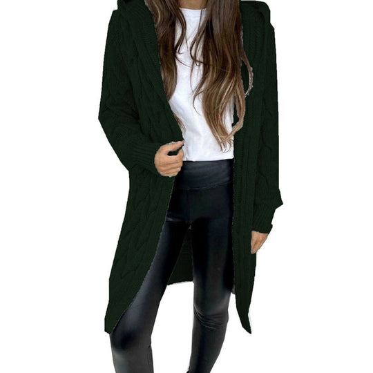 Damen lange Strickjacke mit Kapuze und Zopfdesign