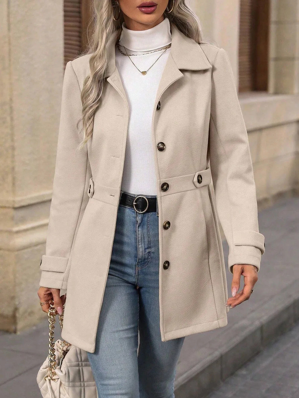 Damen Taillierter Kurzmantel mit Knopfleiste und Ziergürtel Shop Nory