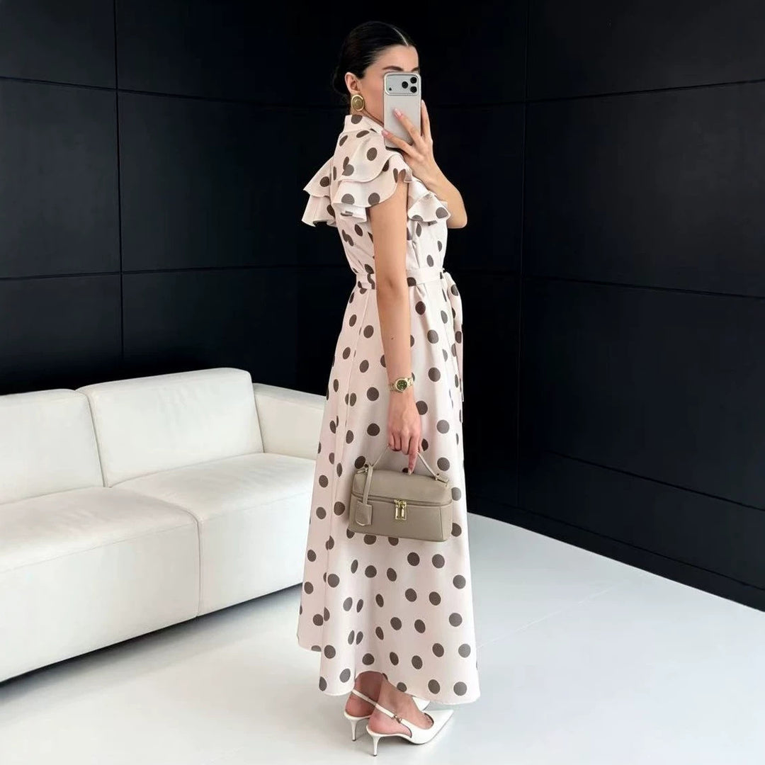 Damen Gepunktetes Maxikleid mit Stehkragen, Volantärmeln und Bindegürtel Shop Nory