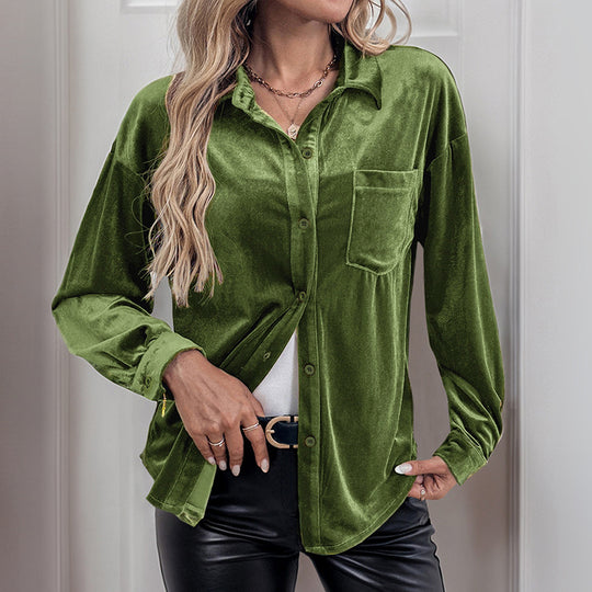 Damen Velours-Hemdbluse mit Brusttasche und klassischem Kragen Shop Nory