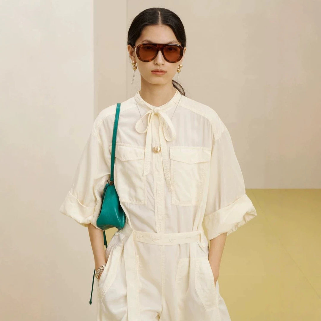 Damen Langer Utility-Jumpsuit mit Hemdkragen und Bindegürtel Shop Nory