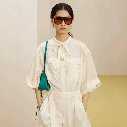 Damen Langer Utility-Jumpsuit mit Hemdkragen und Bindegürtel Shop Nory
