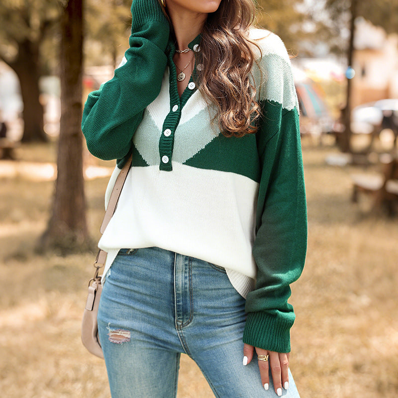Damen Gemusterter Longsleeve Pullover mit Knopfleiste Shop Nory