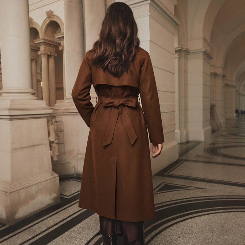 Damen Langer taillierter Wollmantel mit doppelreihiger Knopfleiste und Bindegürtel Shop Nory