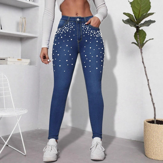 Damen Taillenhohe figurformende Skinny-Jeans mit Perlenbesatz Shop Nory