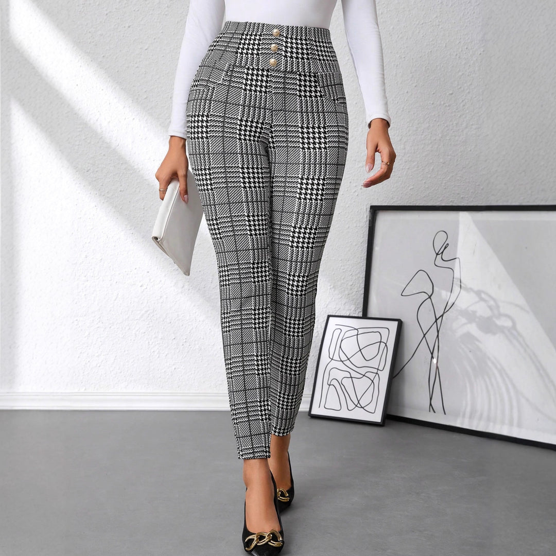 Damen Hochtaillierte Slim-Fit Businesshose mit Glencheck-Muster und Stretch Shop Nory