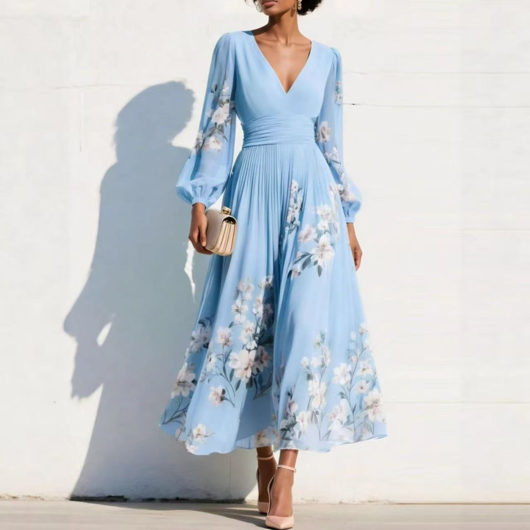 Damen Chiffon-Midikleid mit V‑Ausschnitt, geraffter Taille und floralem Plissee-Rock Shop Nory