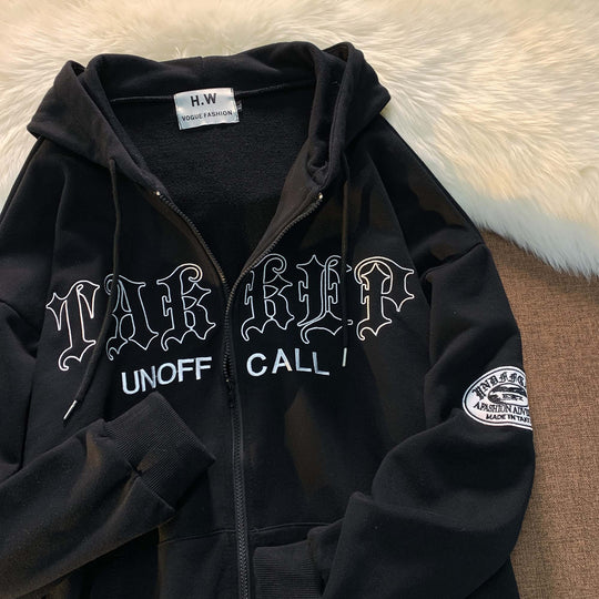Unisex nan Reißverschluss-Hoodie mit Gothic-Schriftzug, Kapuze, Kängurutasche und Ärmelflock-Patch Shop Nory