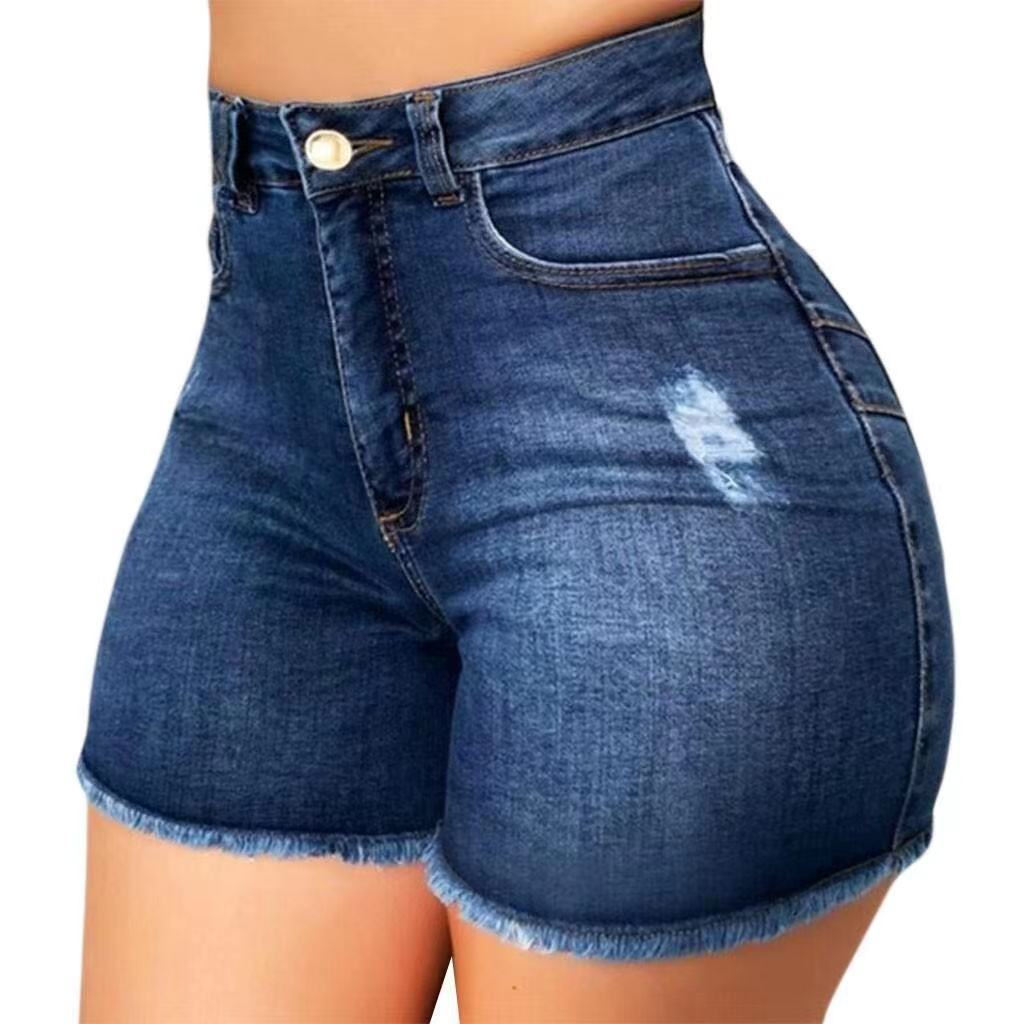 Damen Jeans-Shorts mit hohem Bund und ausgefranstem Saum