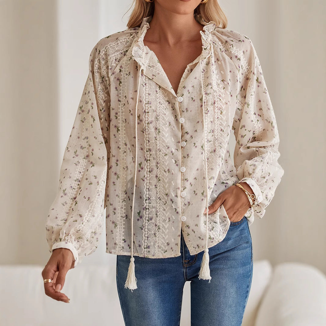 Damen Boho-Spitzenbluse mit Stickerei, V-Ausschnitt, Quasten & Ballonärmeln Shop Nory