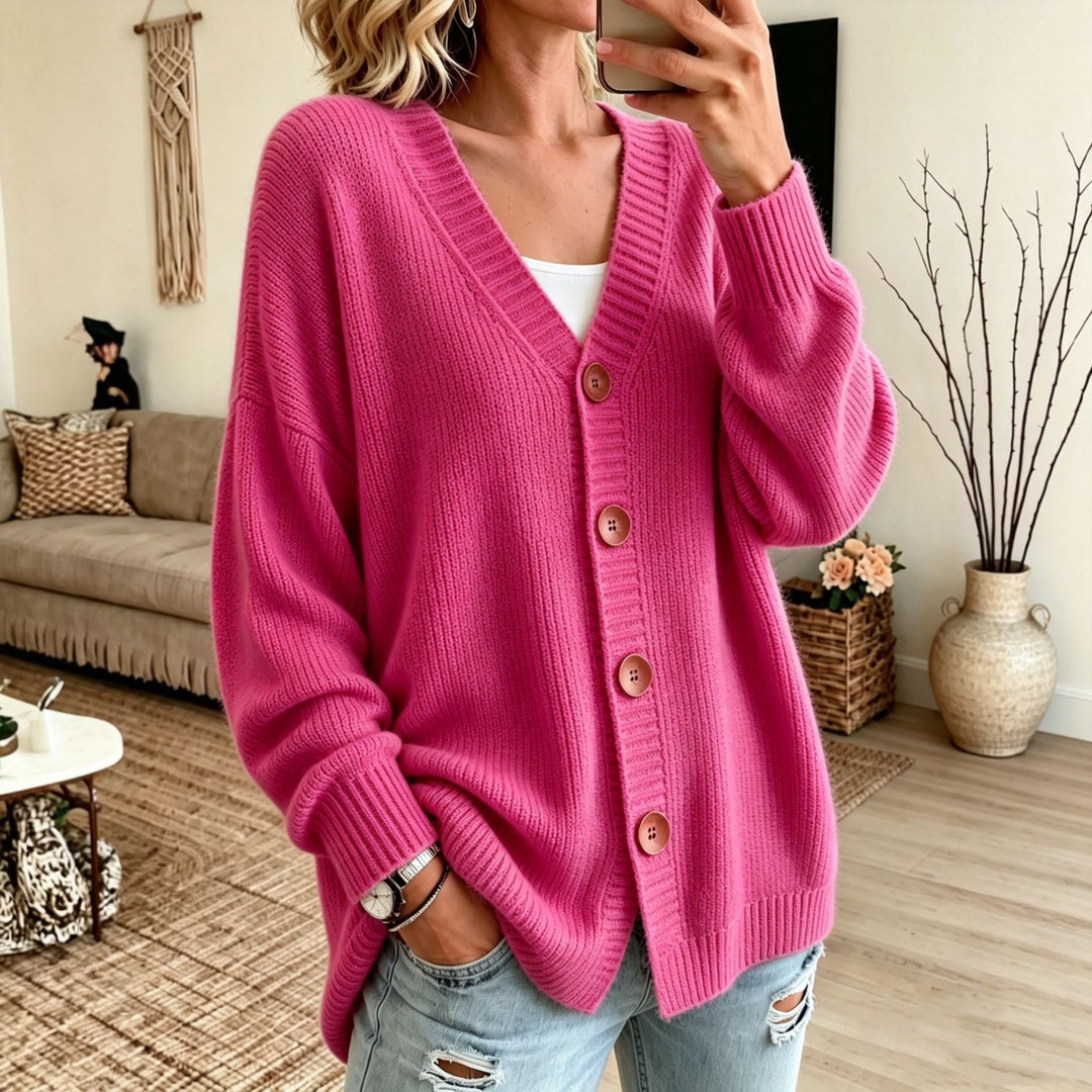 Damen Lockerer Longline-Cardigan mit tiefem V-Ausschnitt und Holzknöpfen Shop Nory
