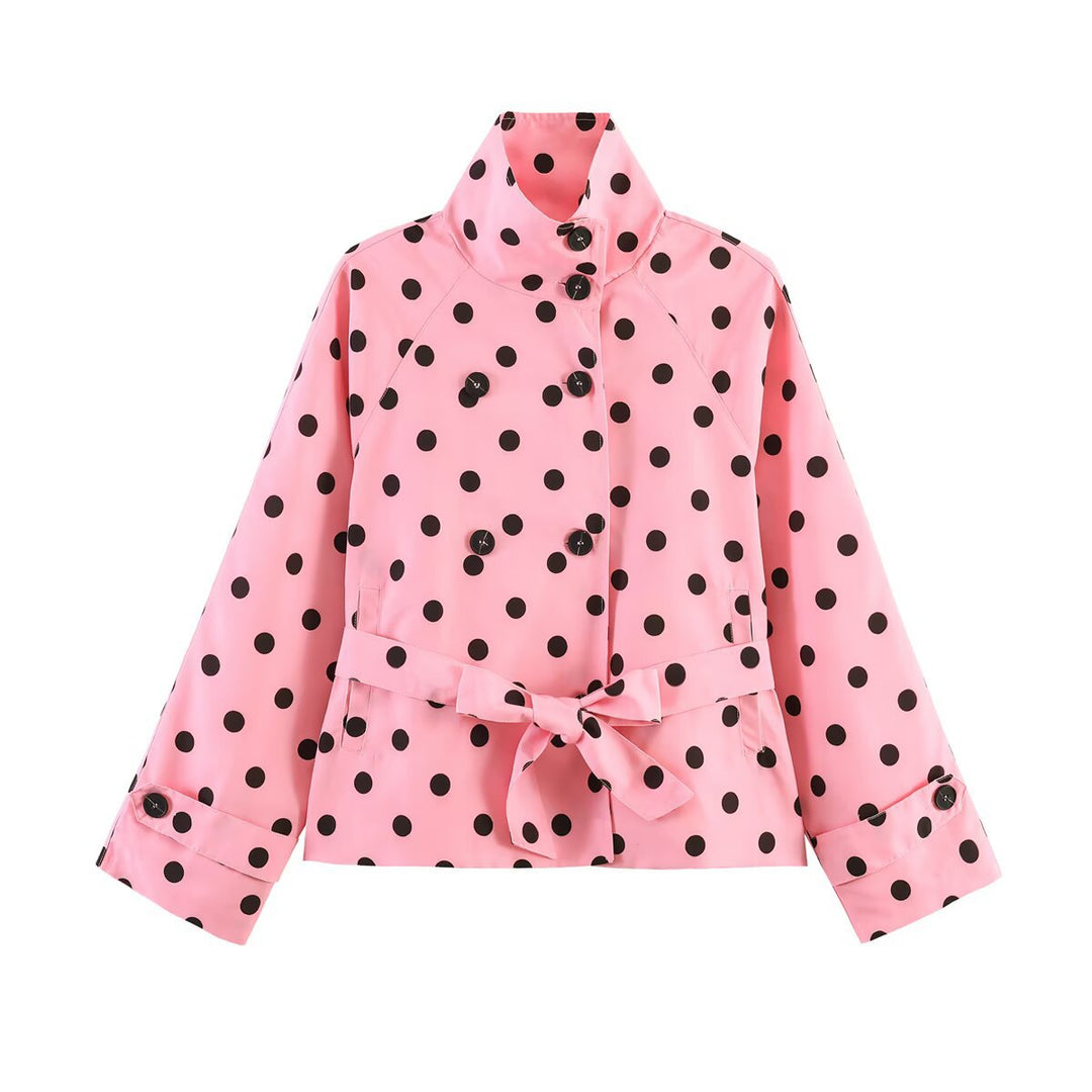 Damen Gekürzter gepunkteter Trenchcoat mit Stehkragen, Taillengürtel und Doppelknopfleiste Shop Nory