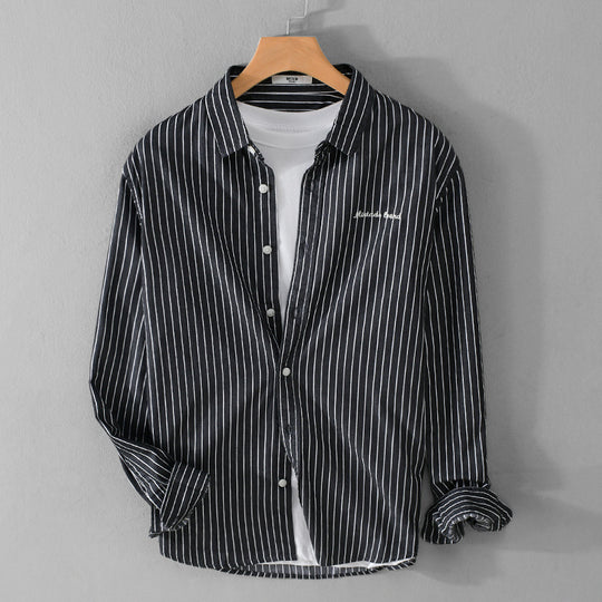 Herren Nadelstreifen-Lagenhemd im Overshirt-Stil mit dezenter Bruststickerei Shop Nory