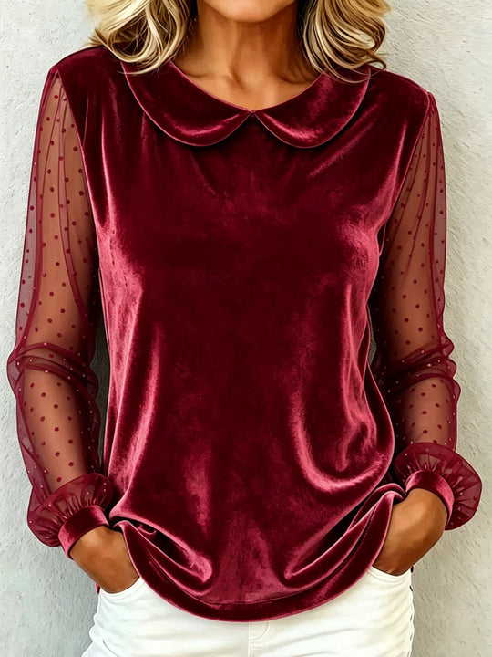 Damen Kuschelige Samtbluse mit Peter-Pan-Kragen und gepunkteten Mesh-Ärmeln Shop Nory