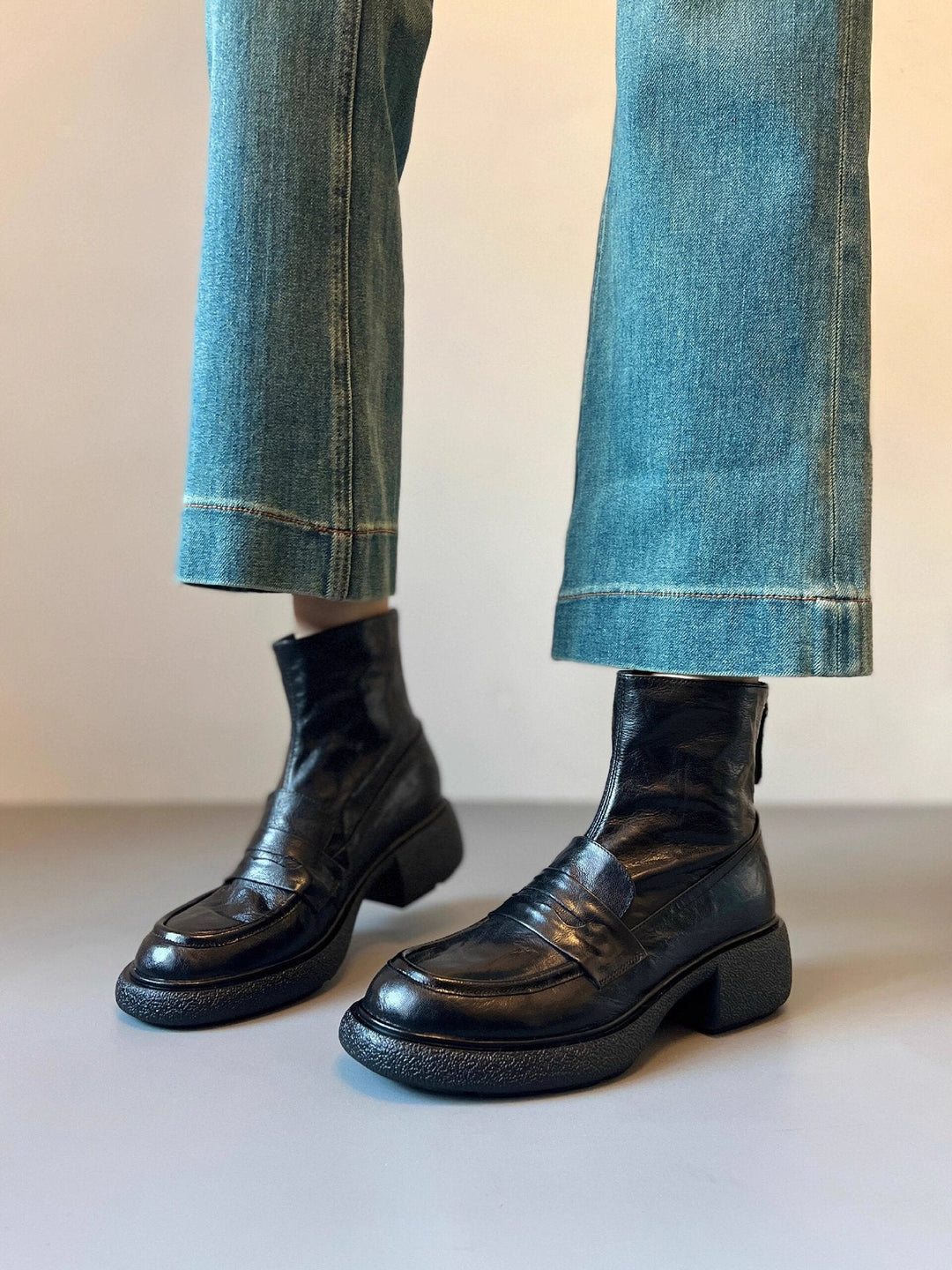 Damen Chunky Ankle Boots mit elegantem Absatz und klassischem Loafer-Design Shopnory