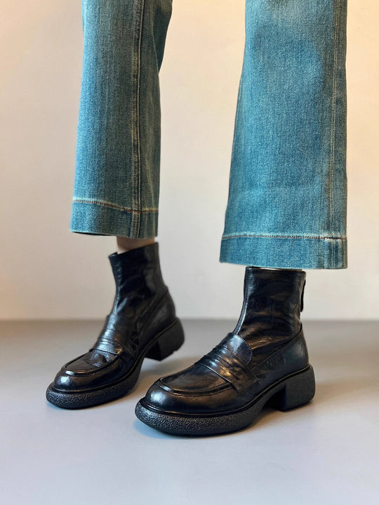 Damen Chunky Ankle Boots mit elegantem Absatz und klassischem Loafer-Design Shopnory