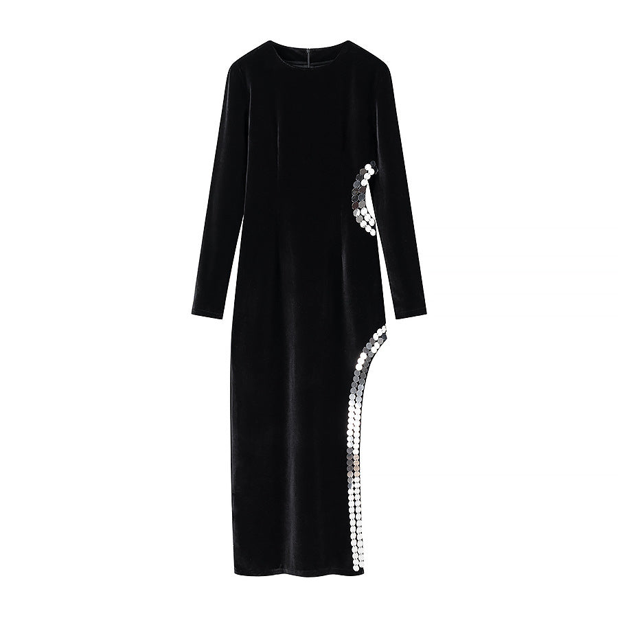 Damen Figurbetontes Samt-Maxikleid mit langen Ärmeln und seitlicher Pailletten-Detailierung Shop Nory