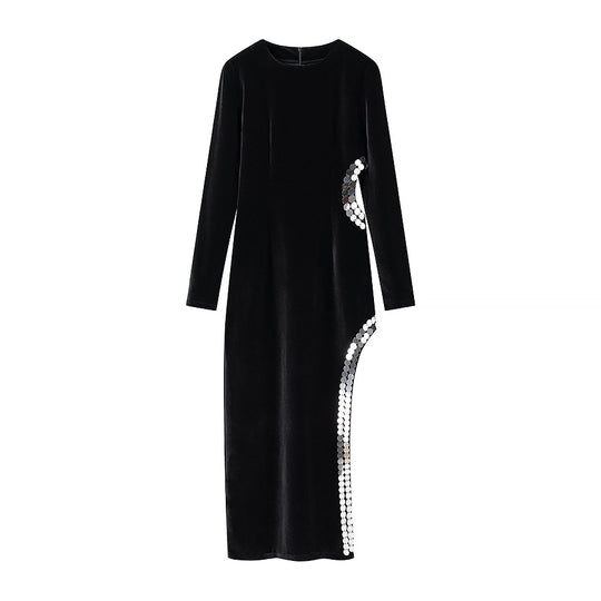 Damen Figurbetontes Samt-Maxikleid mit langen Ärmeln und seitlicher Pailletten-Detailierung Shop Nory