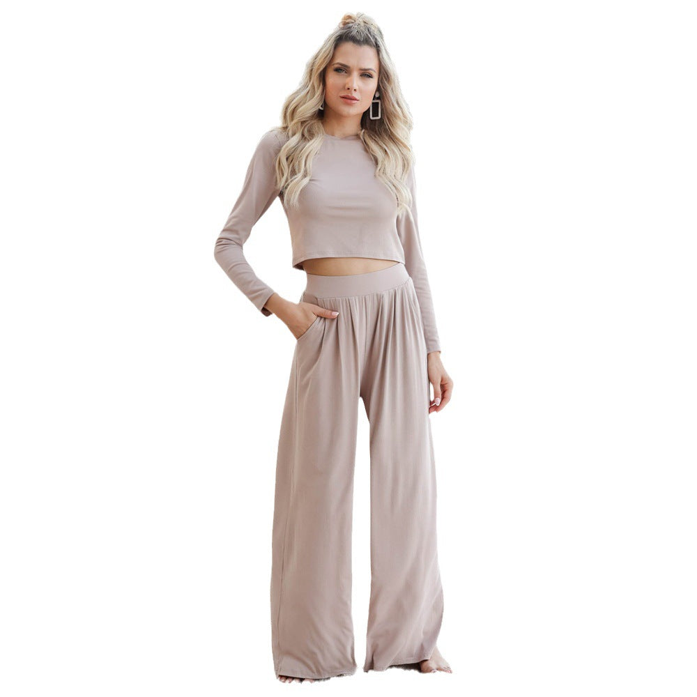 Damen Langarm Cropped Pullover und Hochbund Weite Hose Lounge Set Shop Nory