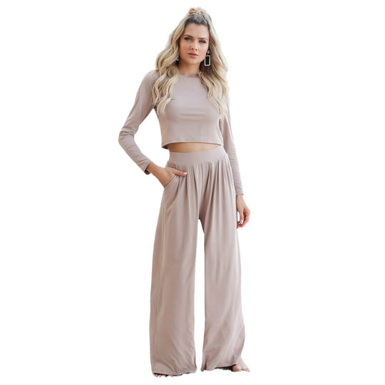 Damen Langarm Cropped Pullover und Hochbund Weite Hose Lounge Set Shop Nory