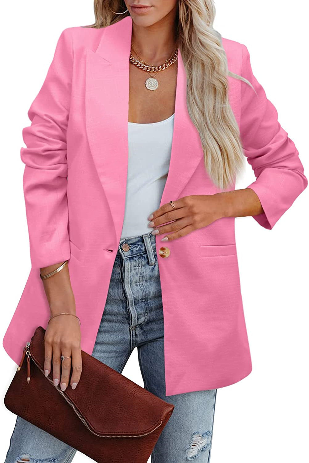 Shopnory | Doppelreihiger Blazer mit Gerafften Ärmeln und Taschen