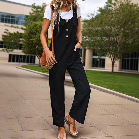Damen Weichfallender Latz-Jumpsuit mit weitem Bein und Holzknopf‑Verschluss Shop Nory