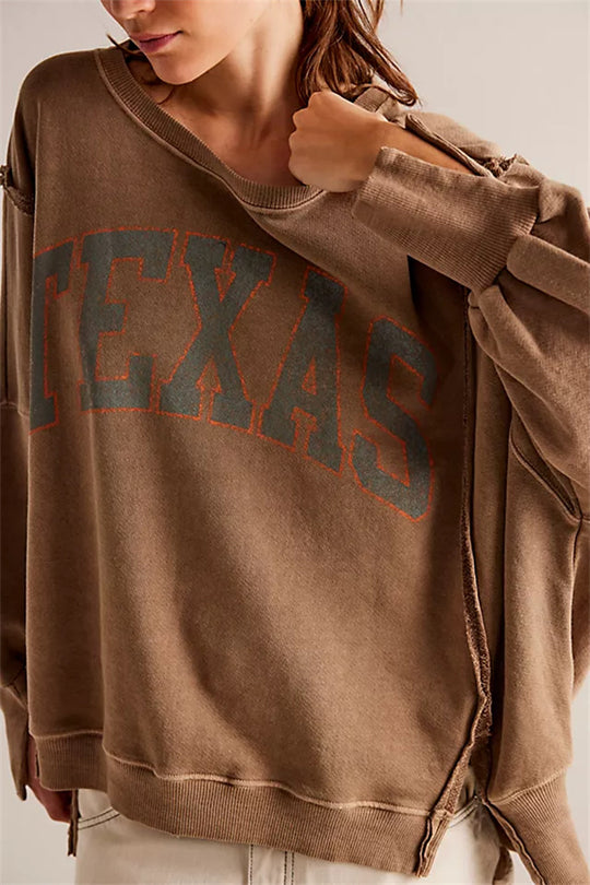 Damen oversized Sweatshirt mit Rüben-Print, ausgefransten Nahtakzenten und Daumenlochärmeln Shop Nory