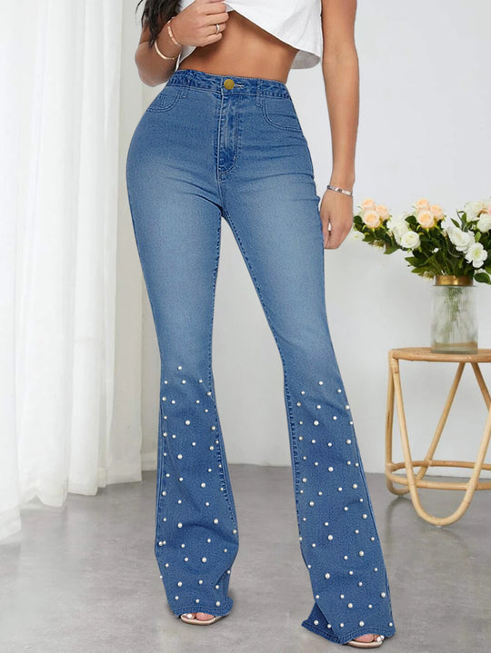 Damen Jeans-Schlaghose mit hoher Taille und Perlenapplikation Shop Nory