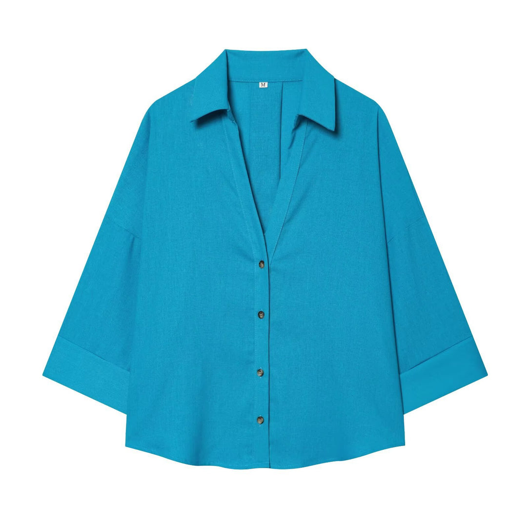 Damen nan lockere oversized Hemdbluse mit weitem Kragen und Dreiviertelärmeln Shop Nory
