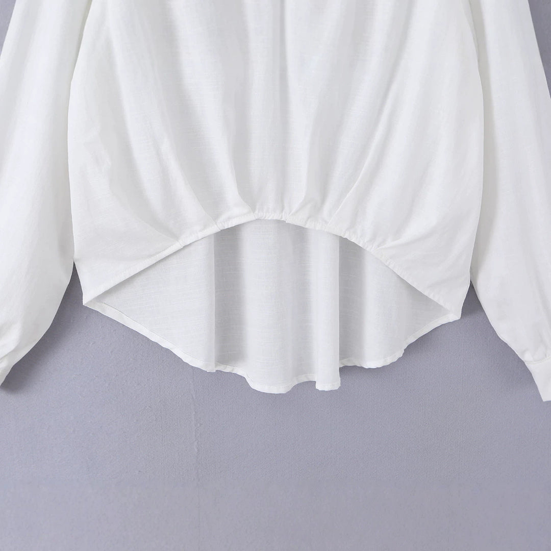 Damen Oversize-Bluse mit tiefem V-Ausschnitt, Hemdkragen und gerafftem Frontsaum Shop Nory