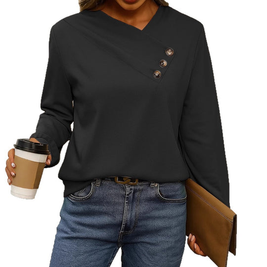 Damen Asymmetrische V-Ausschnitt Bluse mit Zierknopfleiste und Langarm Shop Nory