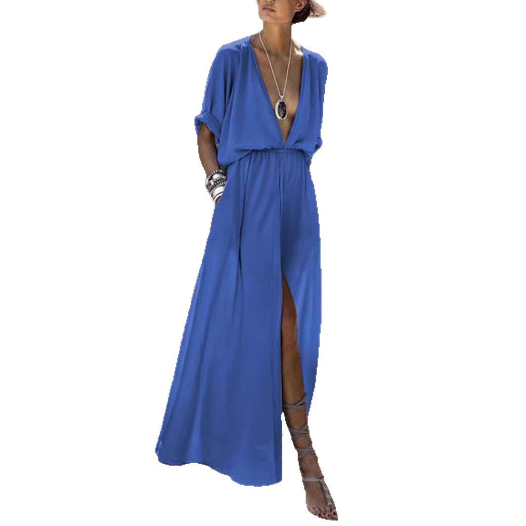 Damen Elegantes Maxikleid mit tiefem V-Ausschnitt und hohem Schlitz