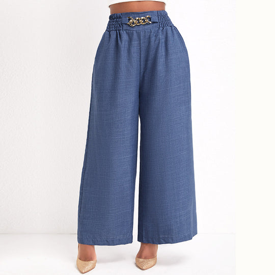Damen Lässige Palazzo-Hose mit hoher Smock-Taille und dekorativer Kettenapplikation Shop Nory