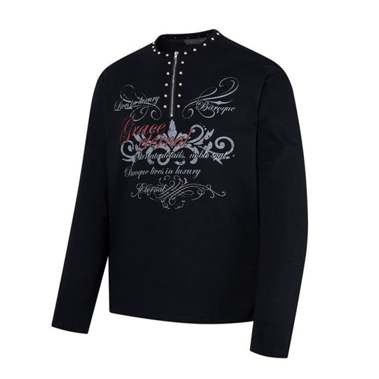 Damen Langarmshirt mit Halb-Reißverschluss, Nietenkragen und Barock-Schriftprint Shop Nory