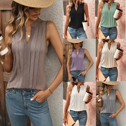 Damen Ärmellose Bluse mit feinen Bügelfalten und V-Ausschnitt Shop Nory