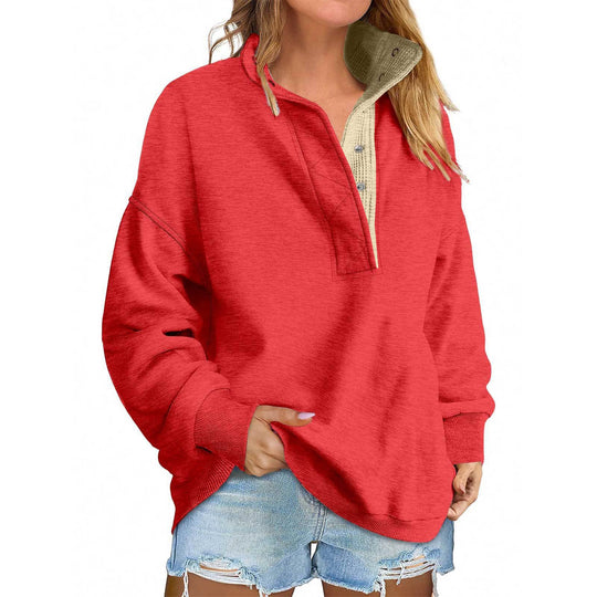 Damen Oversize-Henley-Sweatshirt mit Stehkragen und Druckknopfleiste Shop Nory