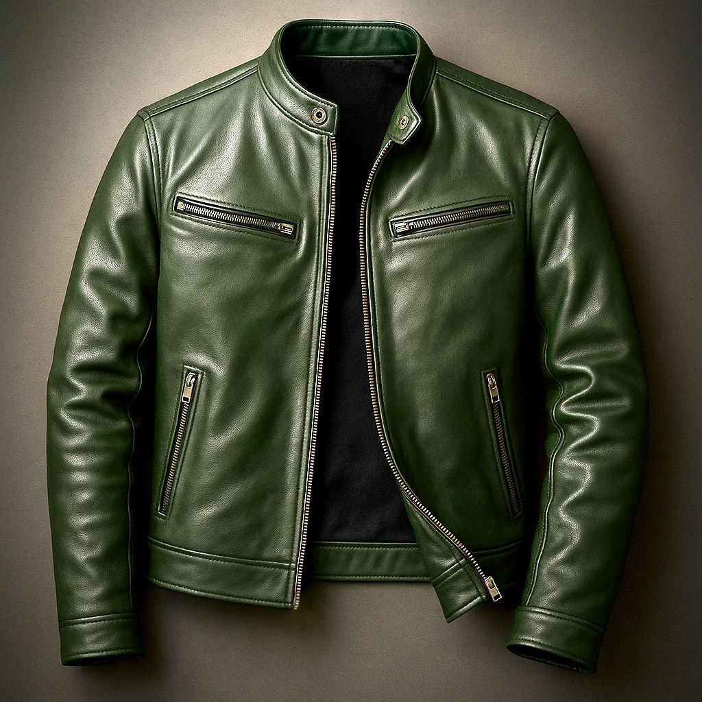 Herren Schmal geschnittene Biker-Lederjacke aus Nappaleder mit Stehkragen und Reißverschluss Shop Nory