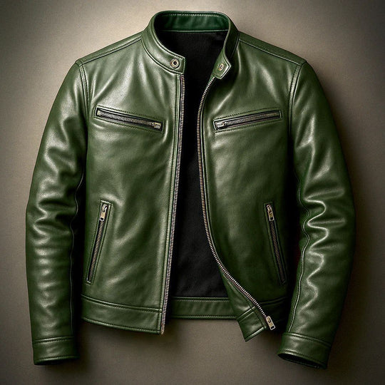 Herren Schmal geschnittene Biker-Lederjacke aus Nappaleder mit Stehkragen und Reißverschluss Shop Nory
