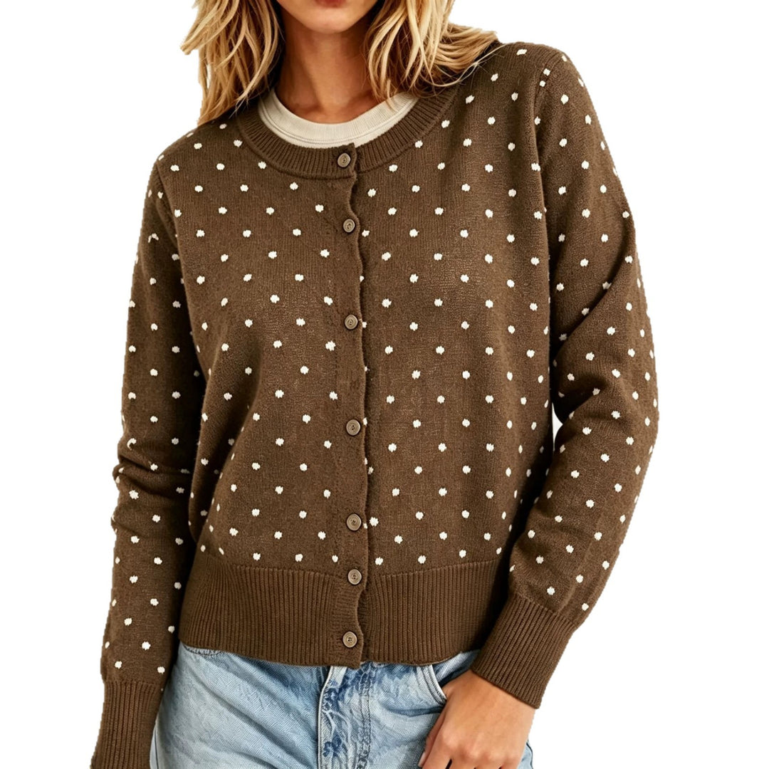 Damen Gepunktete Feinstrick-Cardigan mit Rundhals und Rippbündchen Shop Nory