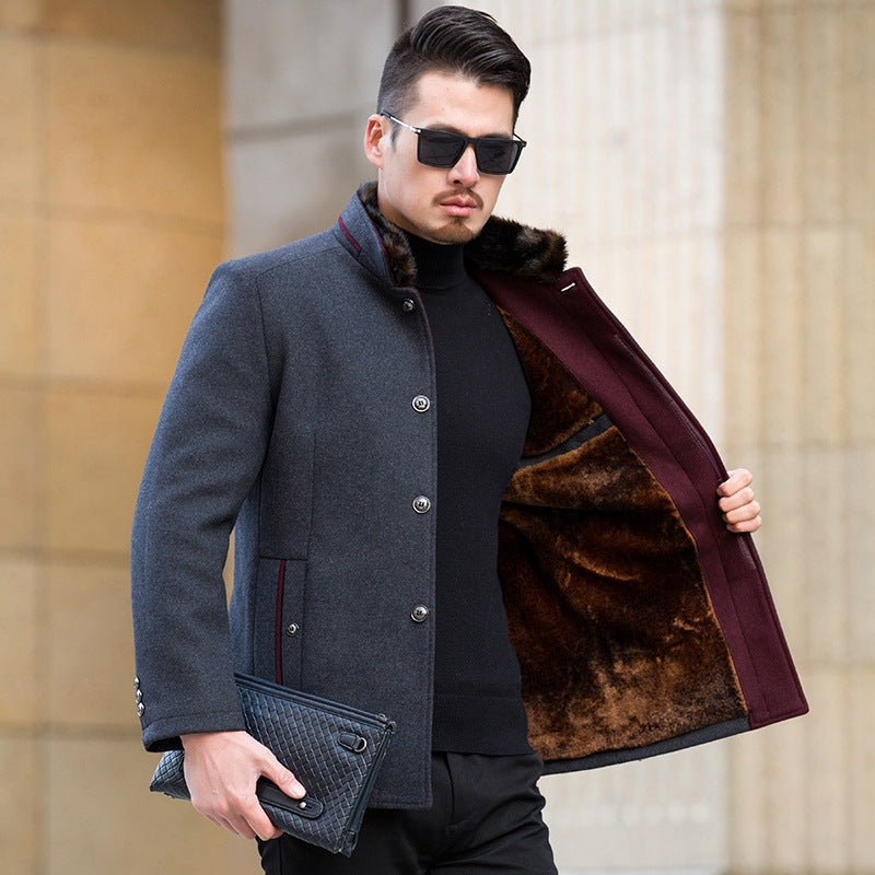Herren Wollmantel mit warmem Kunstpelz-Futter und Stehkragen Shop Nory