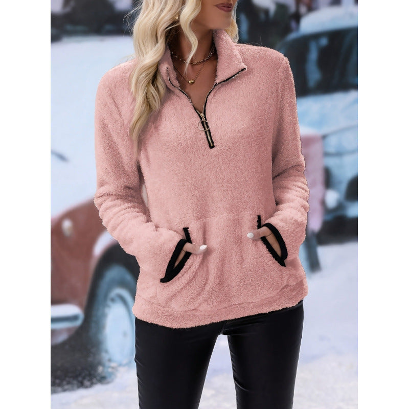 Damen flauschiger Fleece-Kuschelpullover mit halbem Reißverschluss, Kängurutasche und Stehkragen Shop Nory