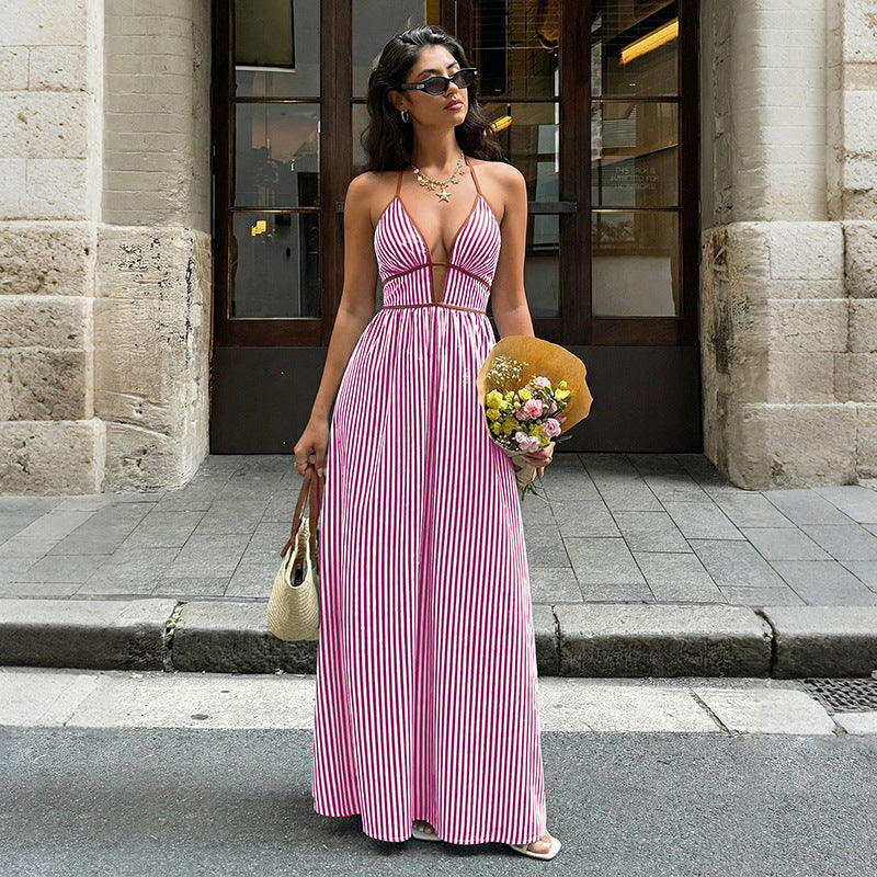 Damen Maxi-Kleid mit tiefem V-Ausschnitt und raffiniertem Streifenmuster