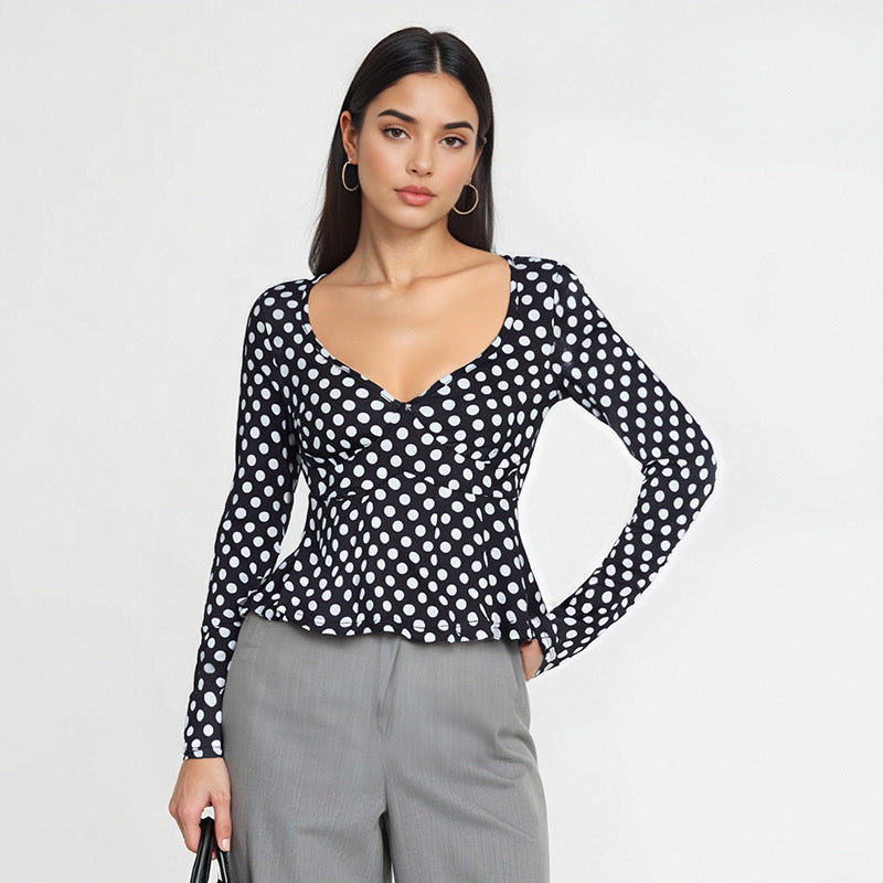 Damen Langarm-Top mit Punktmuster, tailliertem Peplum und herzförmigem Ausschnitt Shop Nory