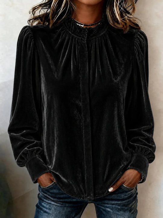 Damen Samtbluse mit Rüschen-Stehkragen, verdeckter Knopfleiste und gerafften Ballonärmeln Shop Nory