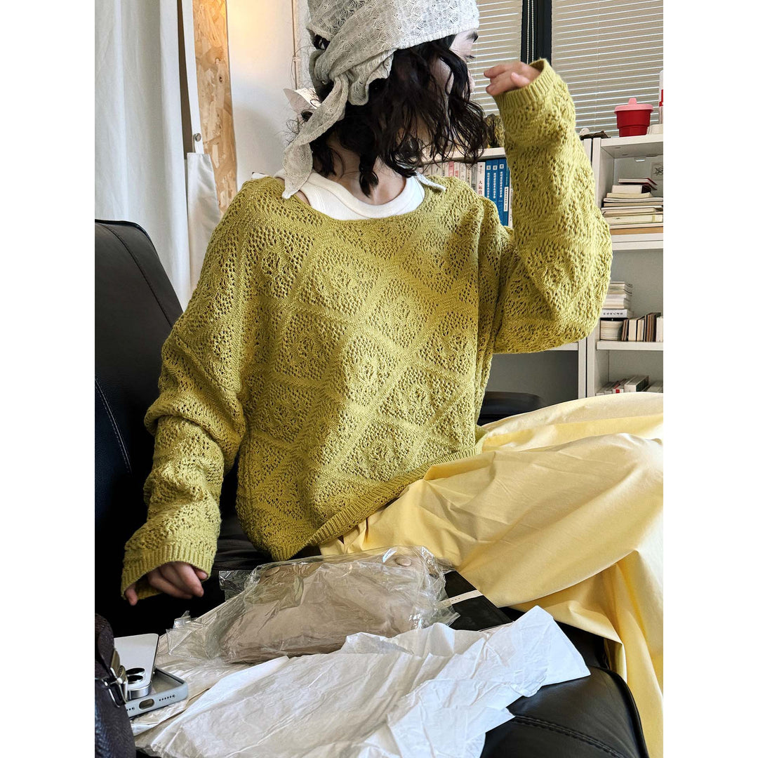 Damen Lässiger Ajourstrick‑Pullover mit weiter U‑Boot‑Ausschnitt Shop Nory